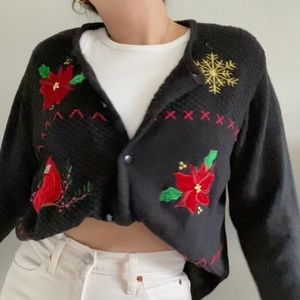 sold- Vintage Classic Elements Black Knit Poinsettia Christmas Cardigan Sweater